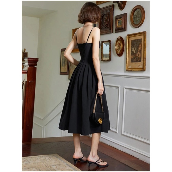 Black Midi Dress Flared Skirt Fitted Bustier Sweetheart Mesh Neckline Cami - Picture 11 of 15